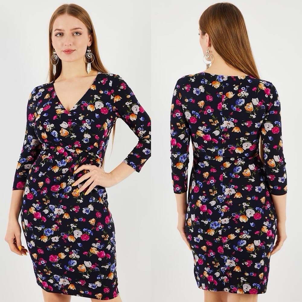 Lauren Ralph Lauren Faux Wrap Floral Jersey Dress Navy Blue Size 10 Office